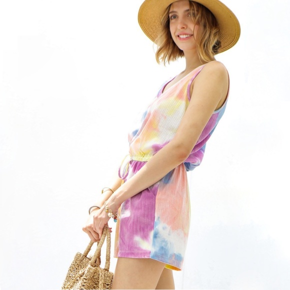 My Story Women's Purple Pink Tie Dye Summer V-Neck Drawstring Romper - Picture 2 of 7